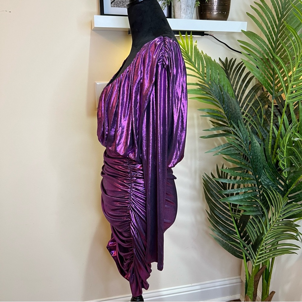 Express Metallic Purple V-Neck Long Sleeve Ruched Mini Sheath Dress Medium - Picture 5 of 9